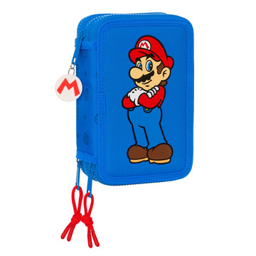Dreifaches Federmäppchen Super Mario Play Blau Rot 12.5 x 19.5 x 5.5 cm (36 Stücke)