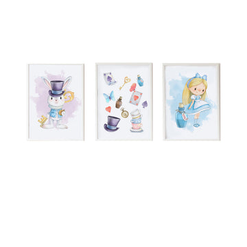 Satz mit 3 Bildern Crochetts Alice Bunt Holz MDF 33 x 43 x 2 cm Hase Hut Mädchen (3 Stücke)